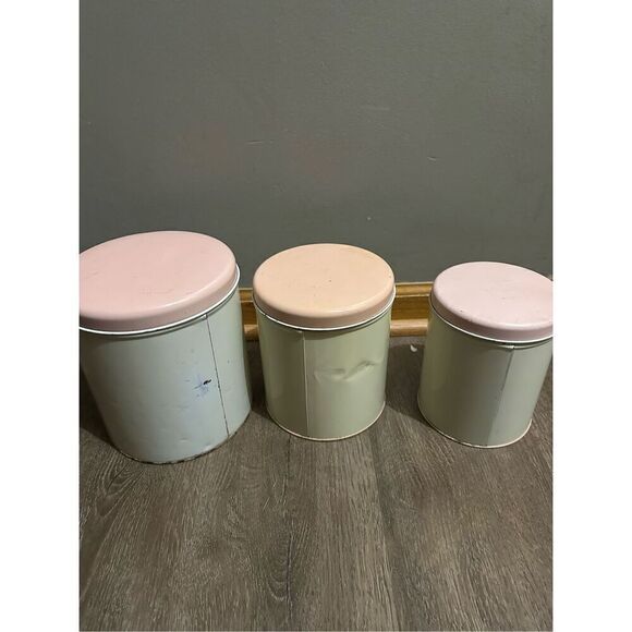 Vtg NC Colorware 60s Metal Kitchen Canister Set of 3 Flowers Beige Peach MCM - Picture 8 of 16